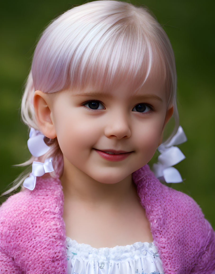 Young girl with blonde hair and blue eyes in pink sweater and white ribbons smiles softly.