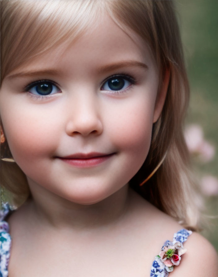 Young girl with blue eyes and floral dress detail.