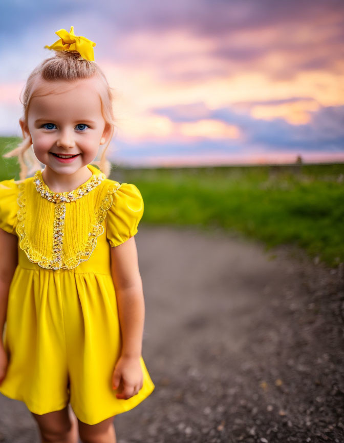 Young girl in yellow dress smiles against sunset sky and country path.