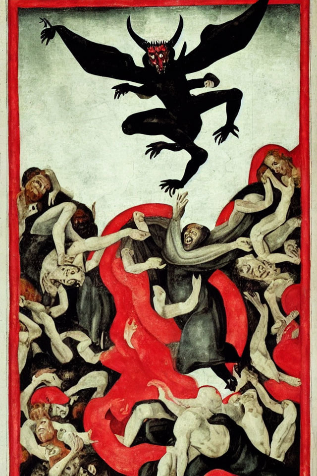 Medieval artwork of black demon in fiery hell landscape