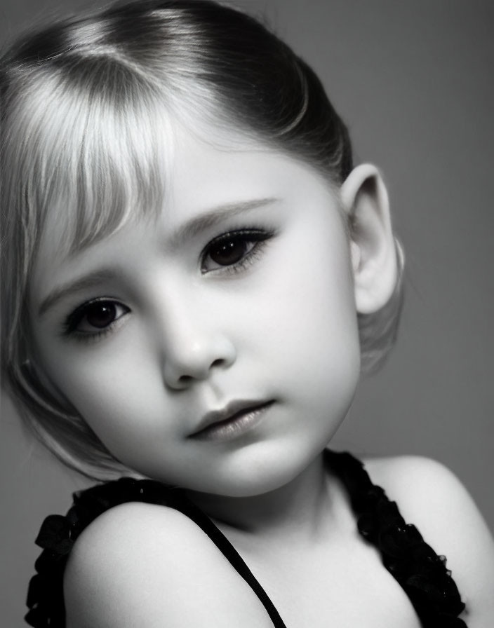 Monochrome portrait of young girl with neat hair, looking sideways