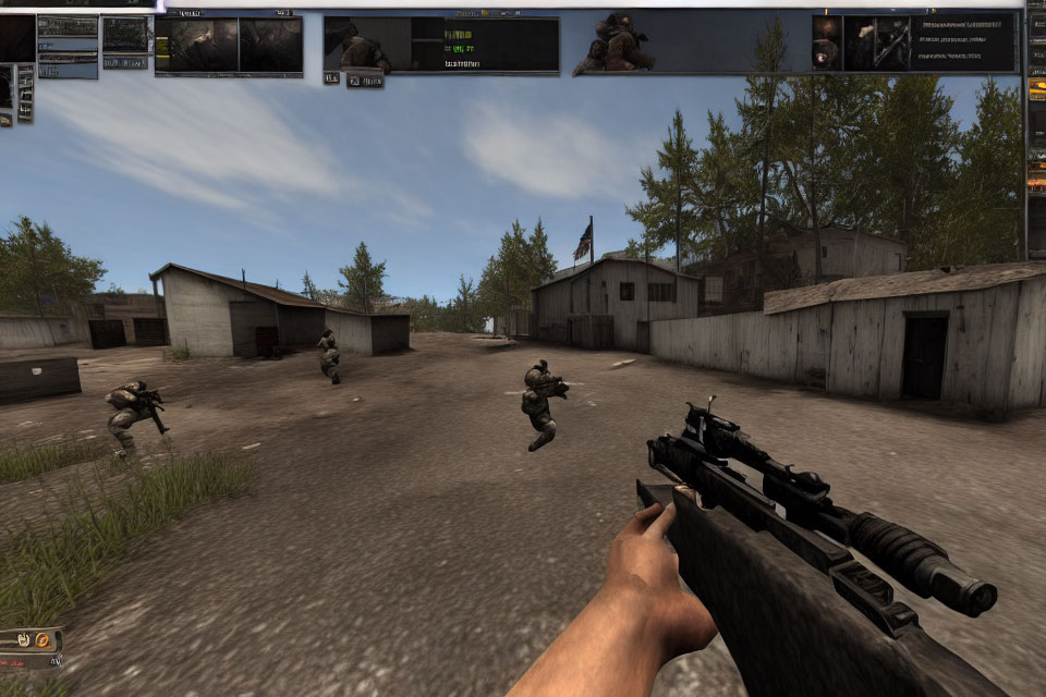 Player with rifle and teammates in rustic virtual compound.