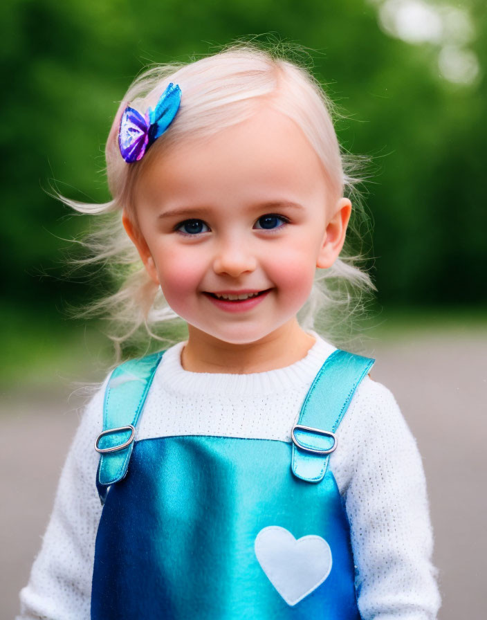 Smiling child with blue butterfly clip in blue dress on green background