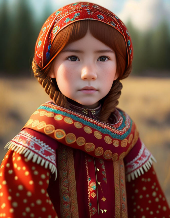 Young girl in traditional attire with braided hair gazes serenely.