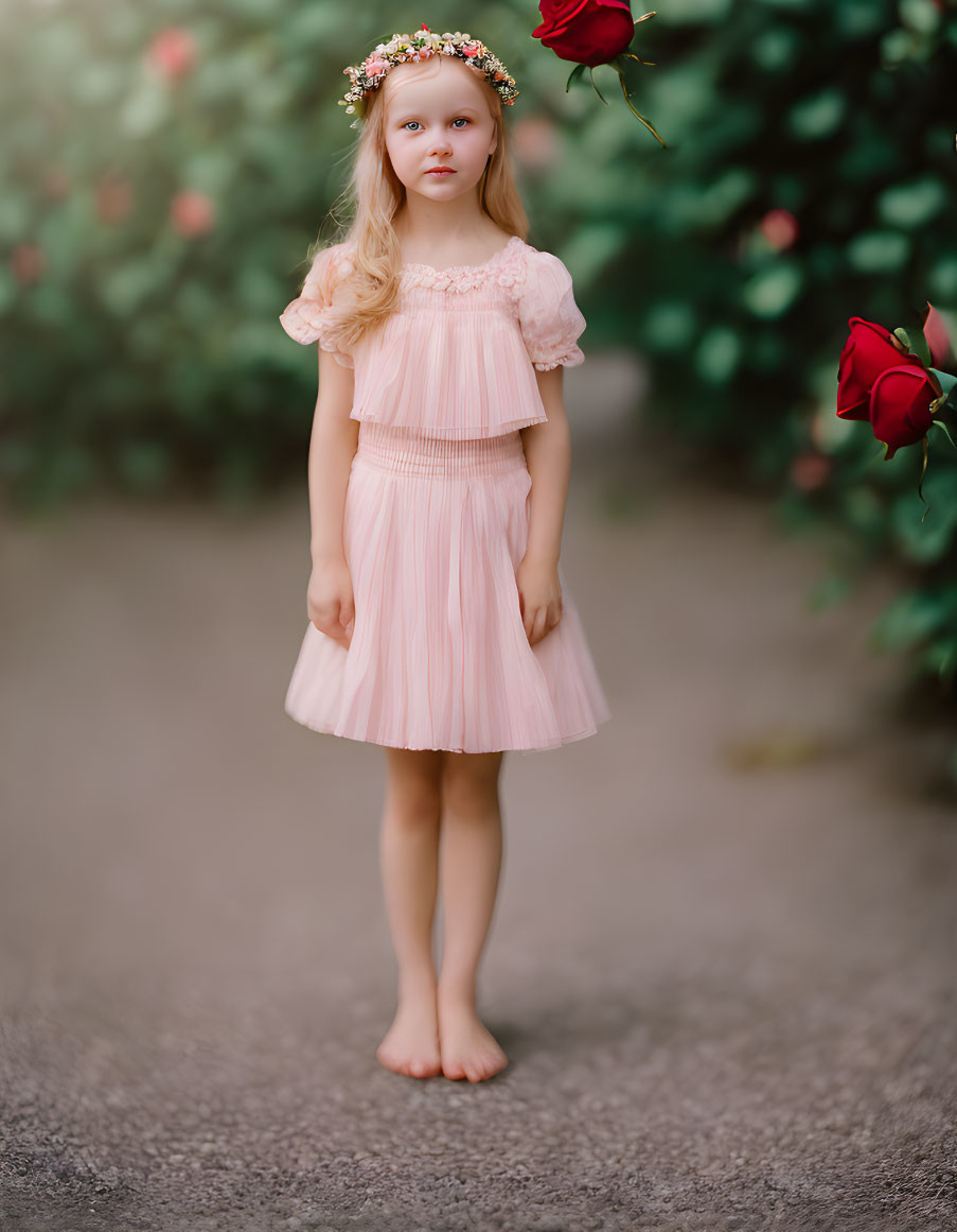 Young girl in pink dress with floral headband standing on path with red roses