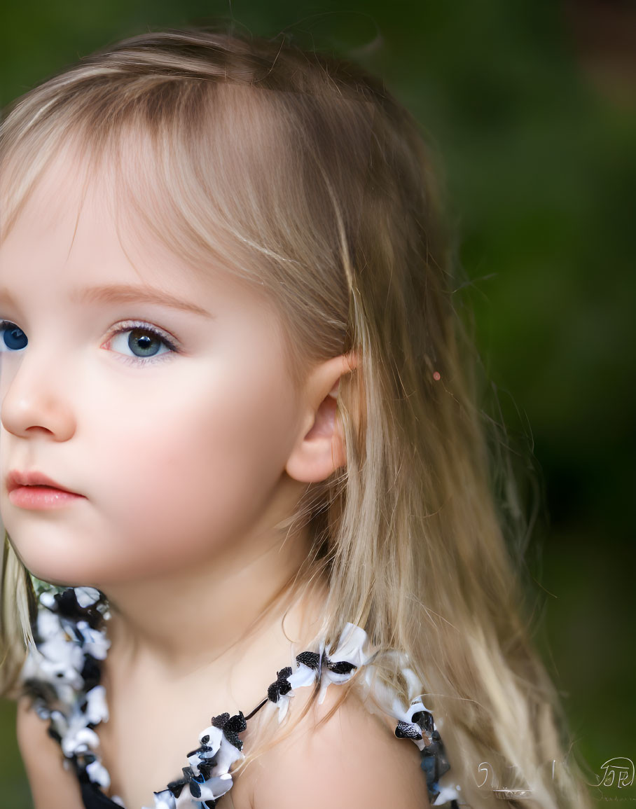 Young girl with light hair and big blue eyes in black and white floral dress