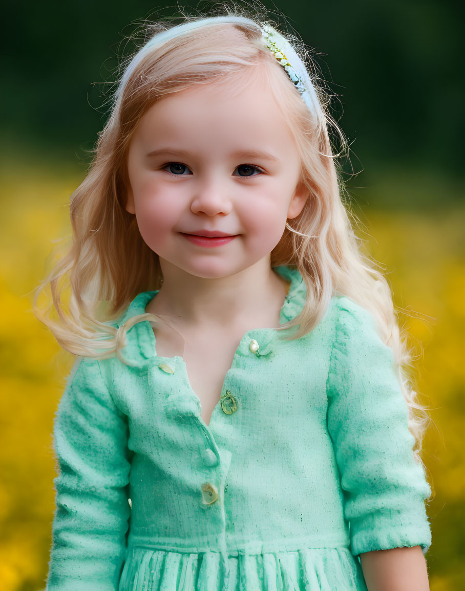 Blonde Girl in Green Dress Smiling Among Yellow Flowers