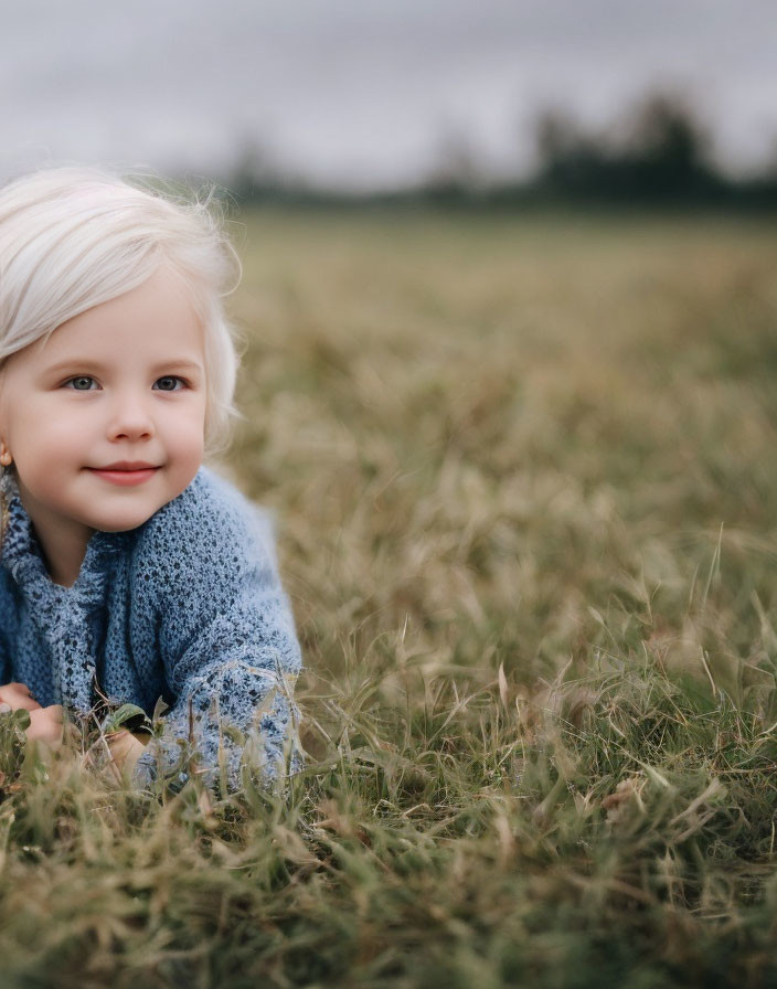 Blonde child in blue sweater gazes in grassy field