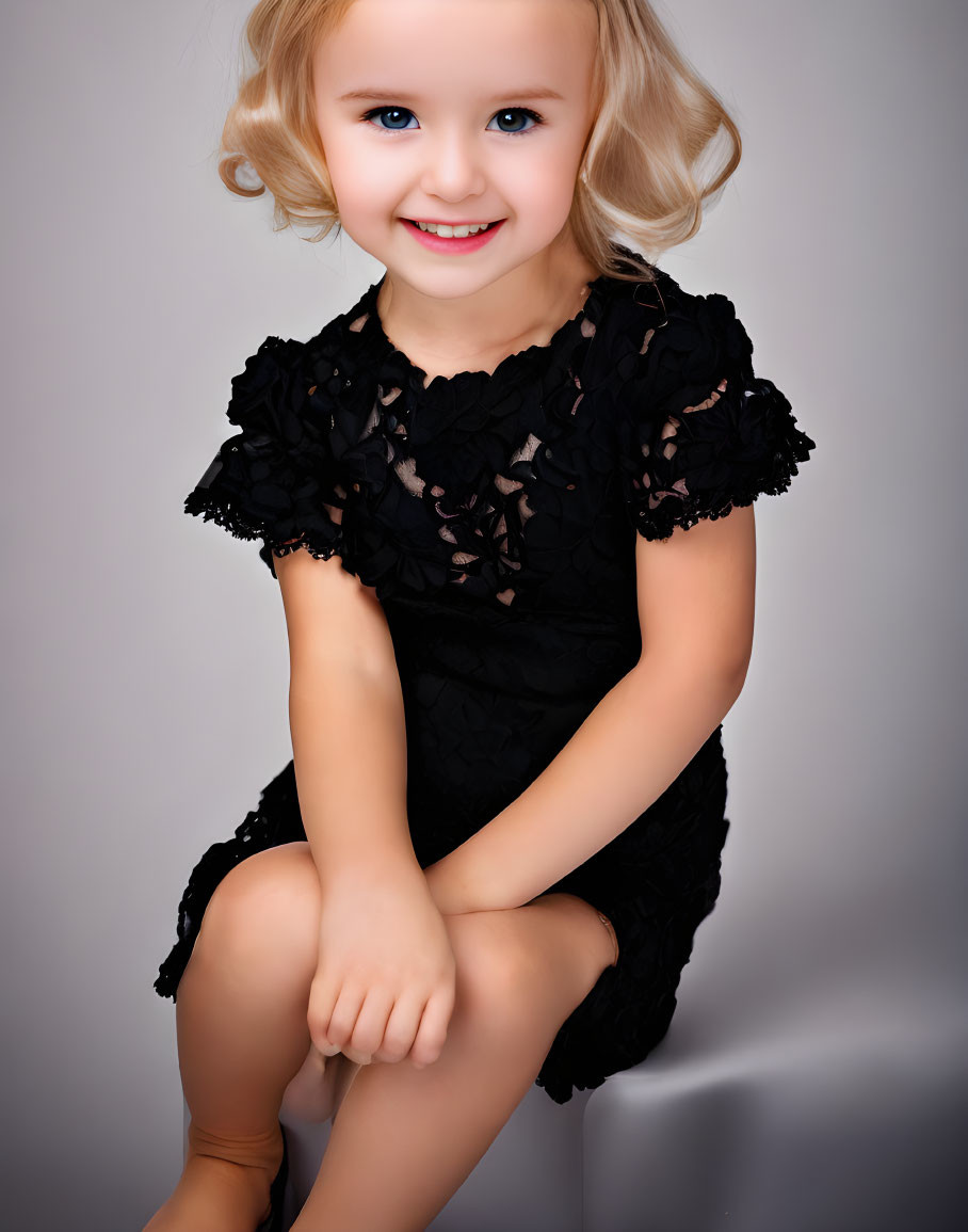 Blonde girl in black lace dress smiling on grey background