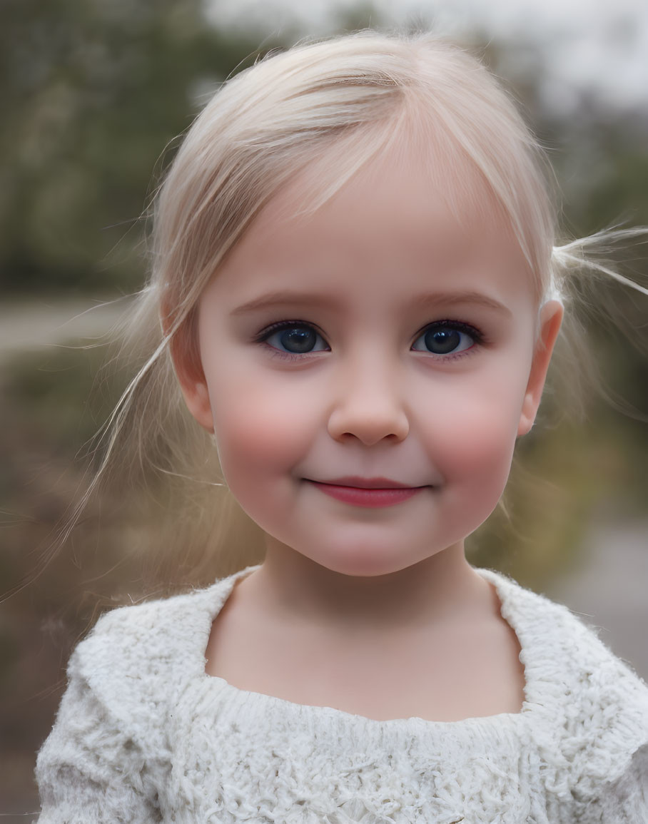 Blonde Girl in White Sweater Smiling with Blue Eyes