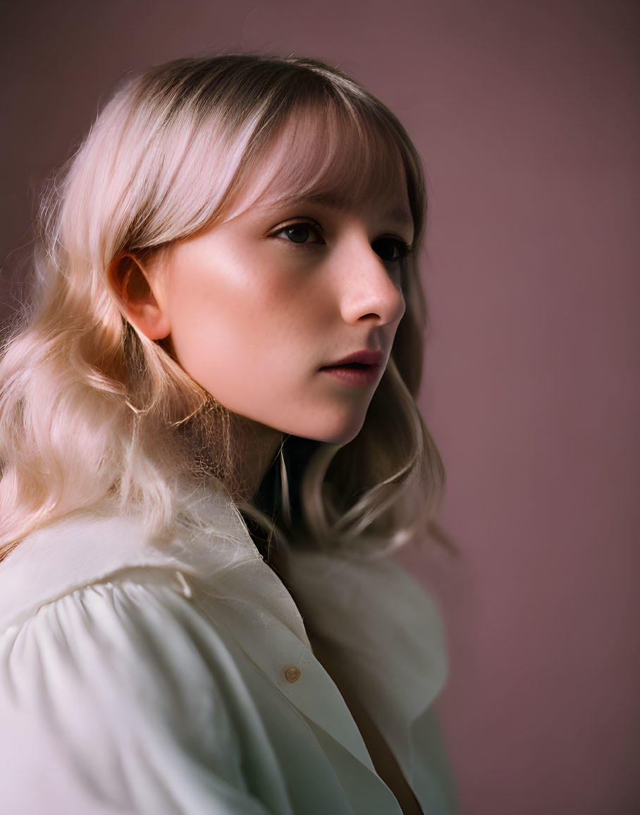 Blonde woman in profile with light blouse on pink background