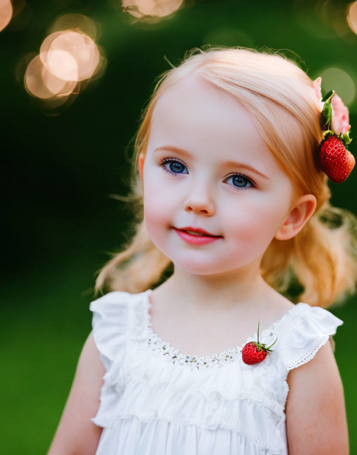 Young girl with blue eyes in white dress and strawberries in blonde hair smiling in green setting