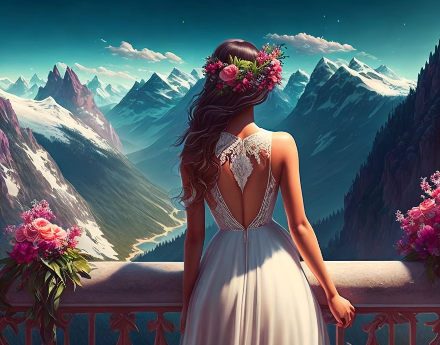 Woman in Floral Crown and Lace Dress on Flowered Balcony Overlooking Mountains