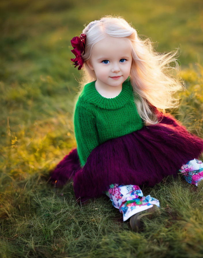 Blonde girl in green sweater and purple skirt sitting on grass at golden hour