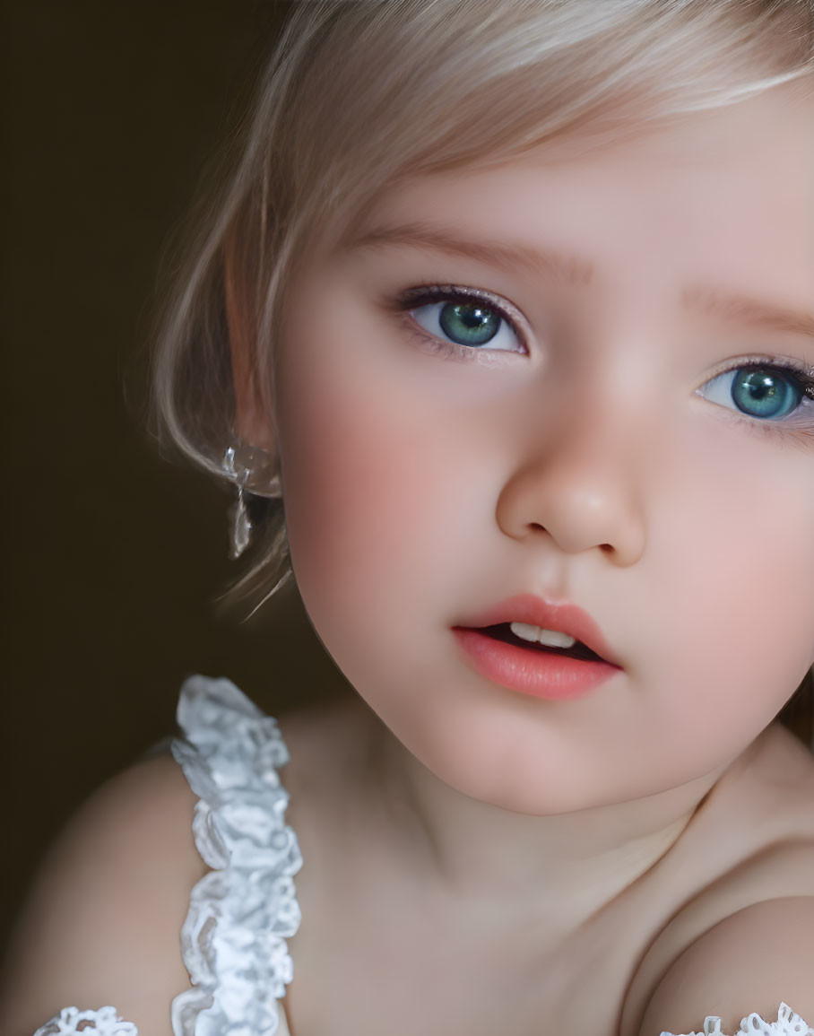 Young child with blue eyes and fair hair in white dress on dark background