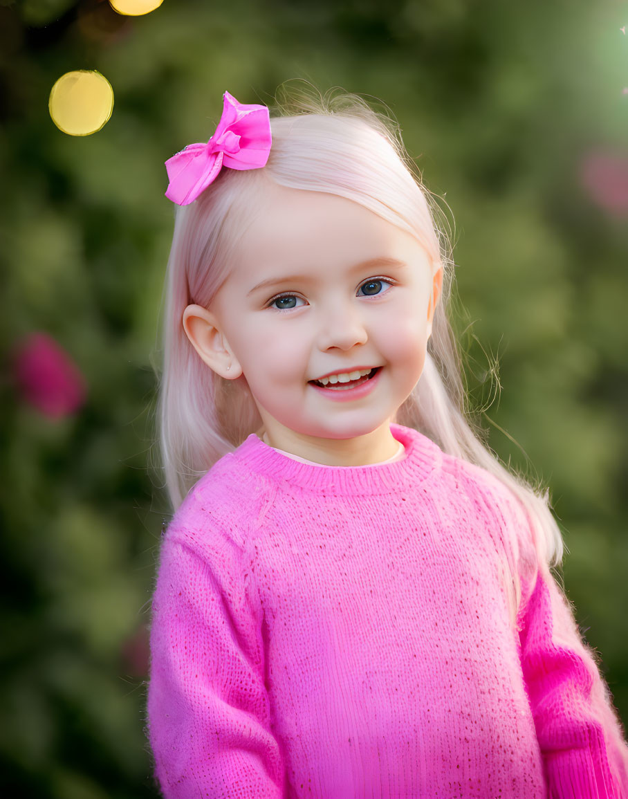 Blonde Girl in Pink Sweater with Pink Bow Smiling