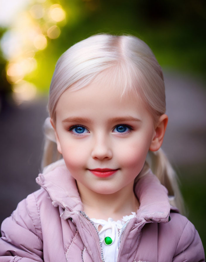 Blonde girl with blue eyes in pink jacket outdoors