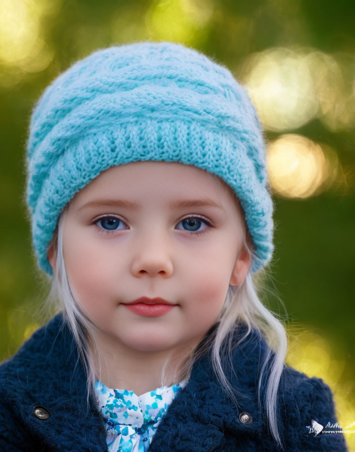 Young girl with blue eyes in turquoise hat and dark coat against blurred green background