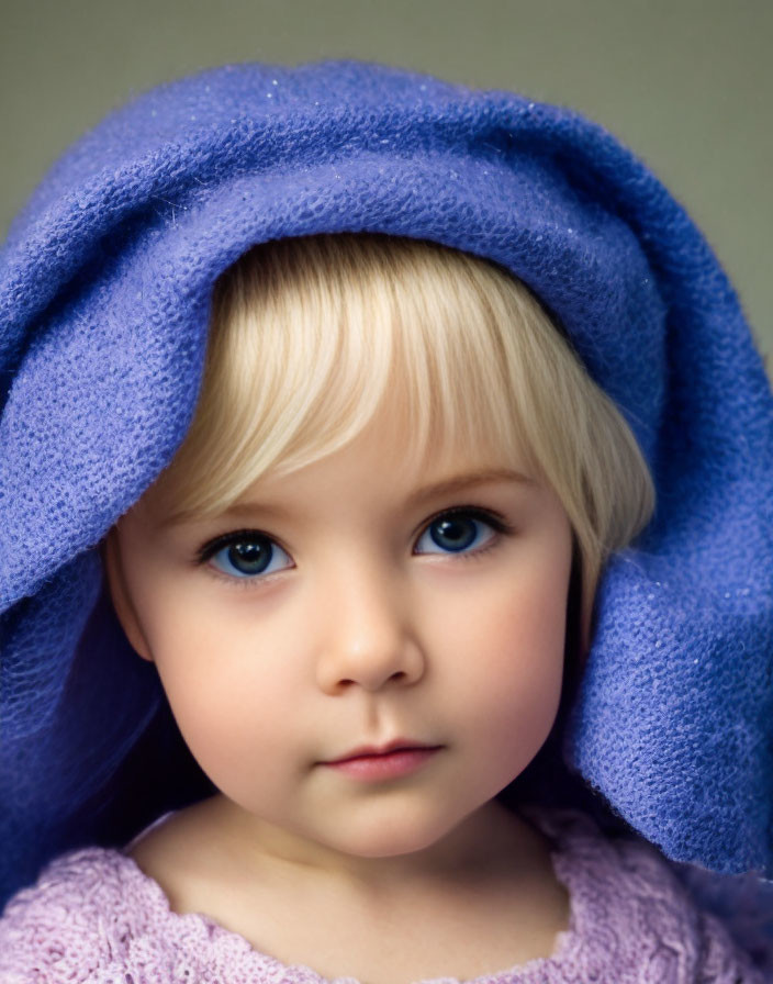 Young child with blue eyes and blond hair in blue hat and purple garment