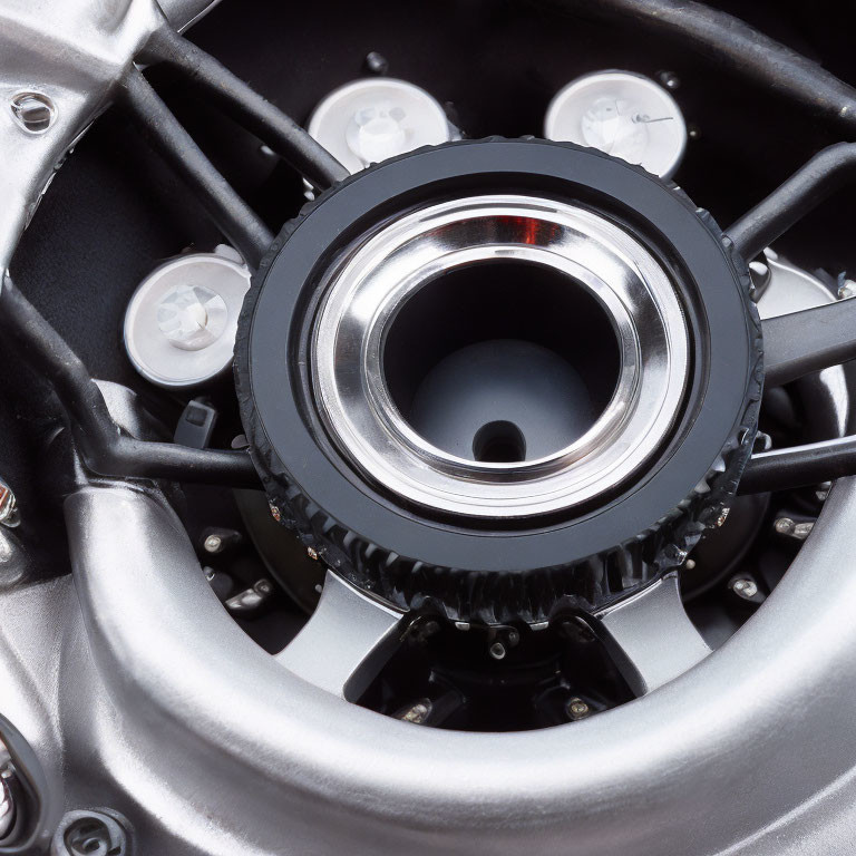 Detailed View of Shiny Motorcycle Wheel Hub and Spokes