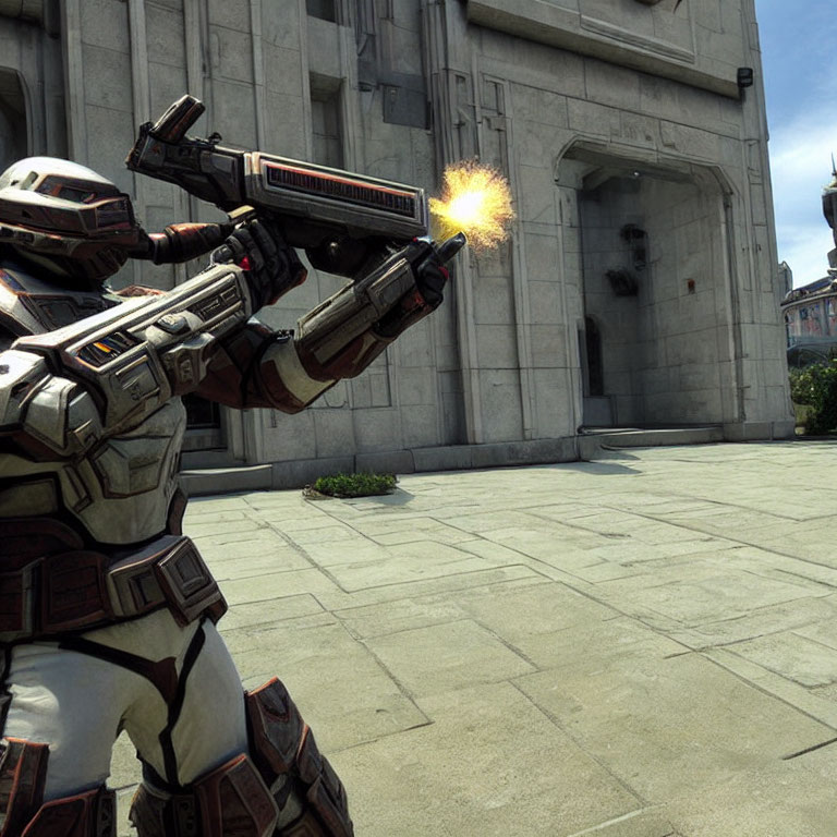 Futuristic armored figure firing prop weapon in urban setting