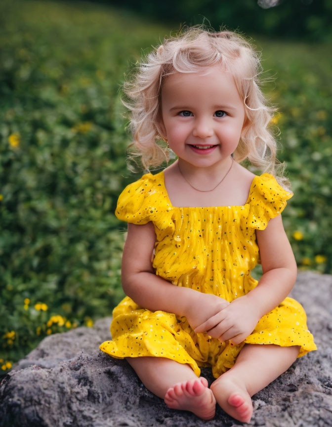 Smiling child with curly hair in yellow dress on rock surrounded by greenery