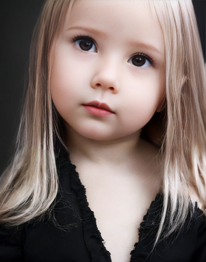 Young girl with blonde hair and brown eyes in black top on dark background