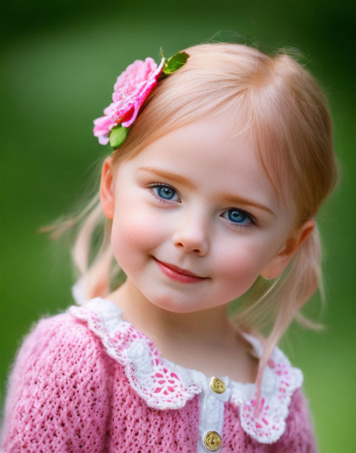 Blonde girl with blue eyes in pink sweater and flower headband on green background