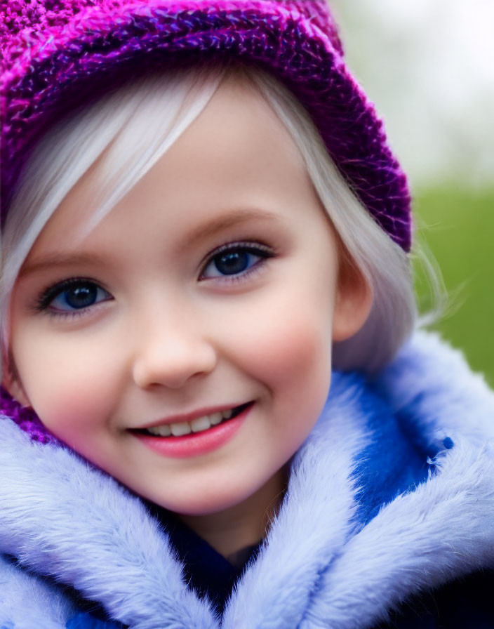 Young child in purple hat and blue coat with blue eyes on green background