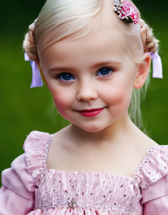 Blonde Girl in Pink Dress with Blue Eyes