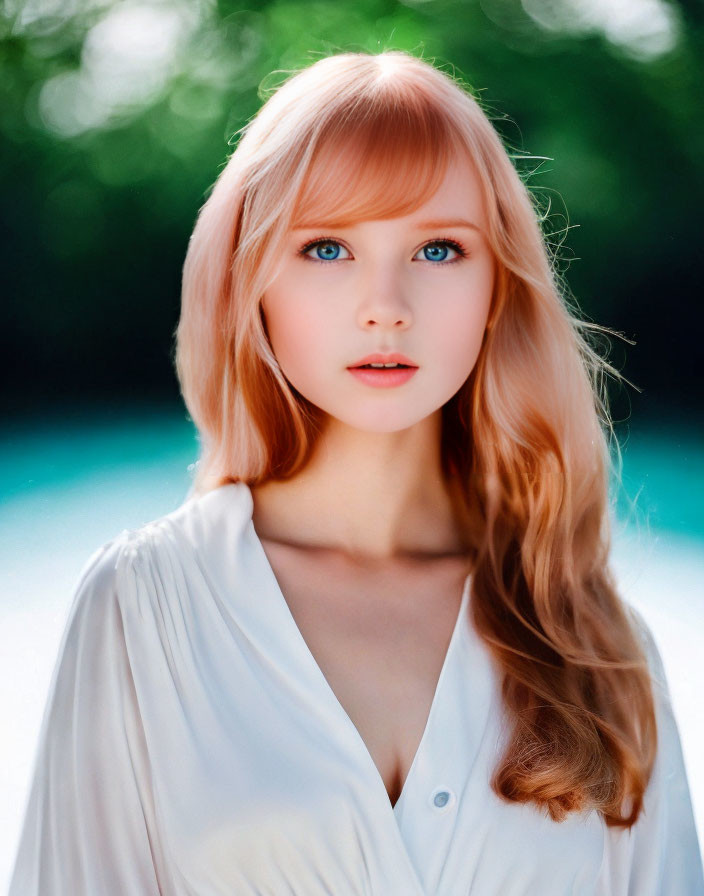 Portrait of person with long blond hair and blue eyes in white blouse, greenery background