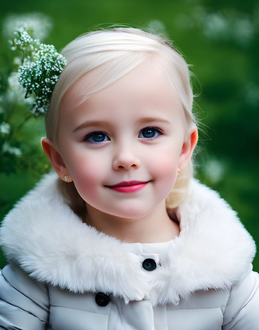 Young girl with blue eyes and blonde hair in white coat holding flowers