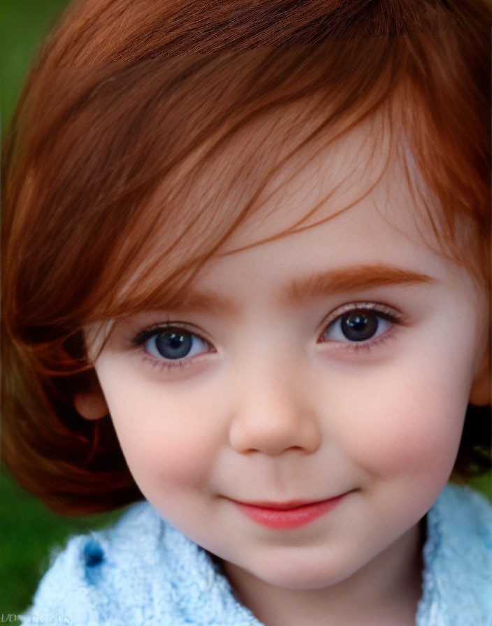 Portrait of a young child with auburn hair and blue eyes in blue outfit