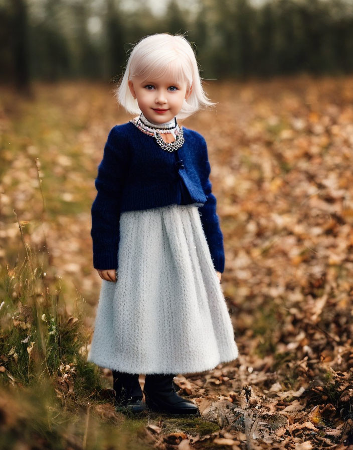 Blonde Hair Doll in Blue Sweater Stands Among Autumn Leaves