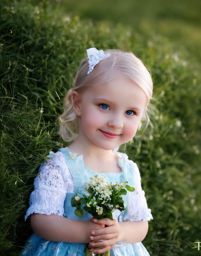 Blond Girl in Blue Dress Smiling with White Flowers