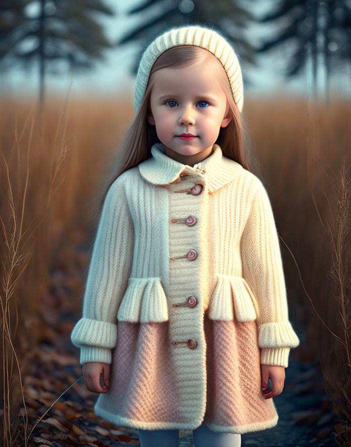 Child in Cream and Pink Coat Stands in Field with Dry Grass and Bare Trees