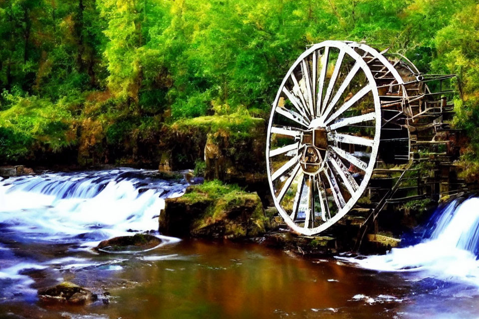 Rustic waterwheel near lush stream in nature setting