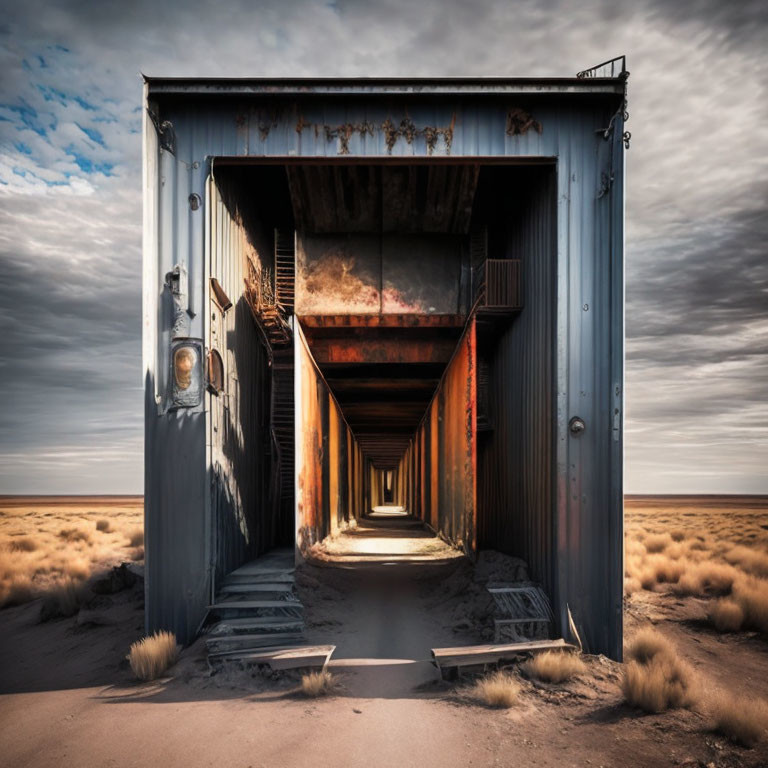 Rusty shipping containers in interconnected perspective view