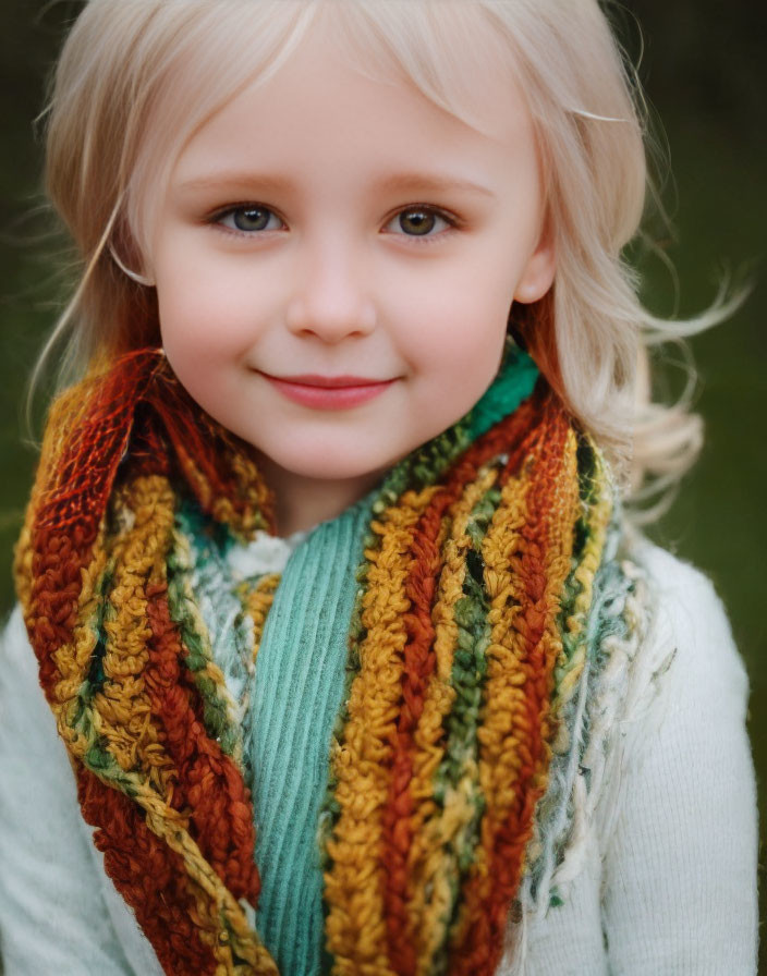 Blond-haired child in white sweater and colorful scarf