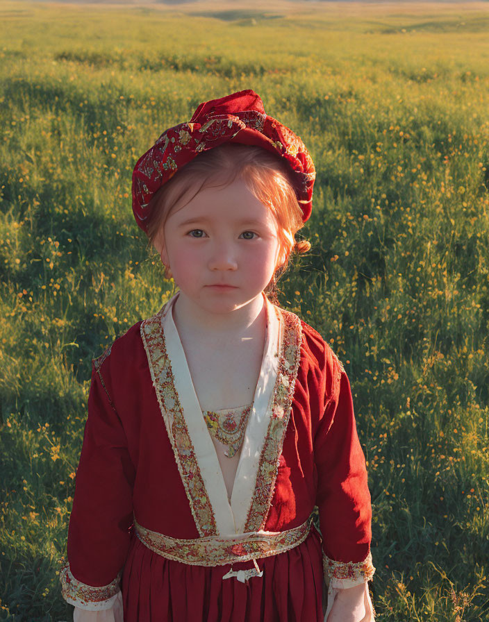 Young child in red traditional attire standing in green field with wildflowers and hat.