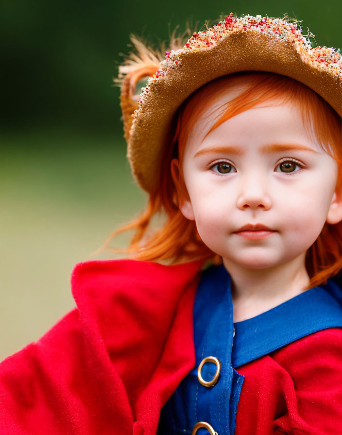 Young child with red hair in flower hat and red cape gazes into distance