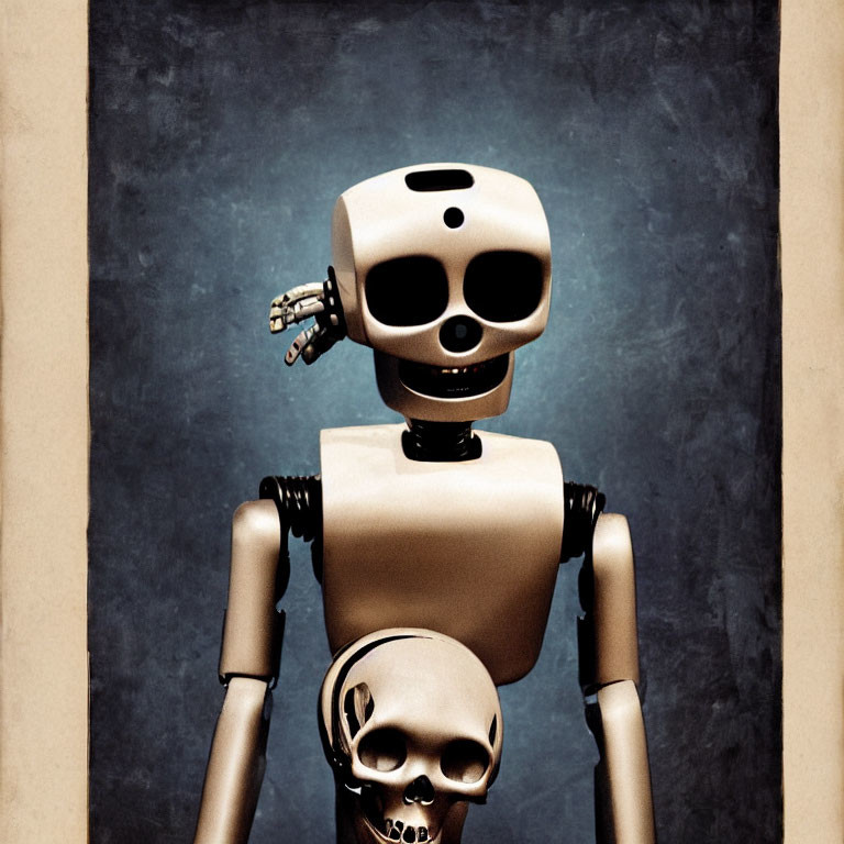 Whimsical robot with skull-like head holding human skull on blue background