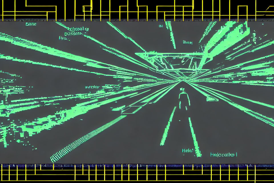 Wireframe Room with Solitary Figure in Center and Converging Perspective Lines