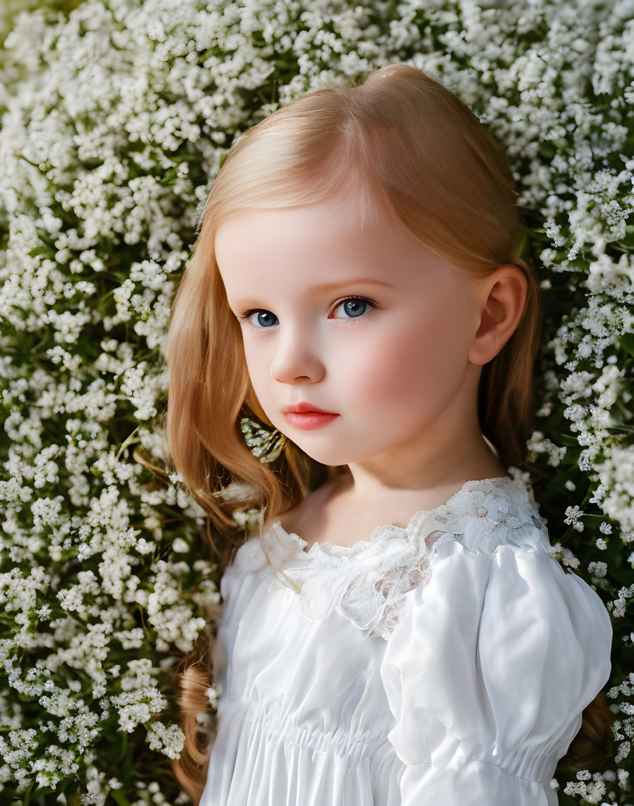 Blonde Girl in White Dress Among Small White Flowers