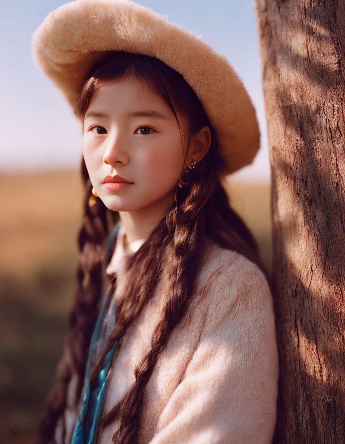 Braided hair woman in beige hat by tree in warm light