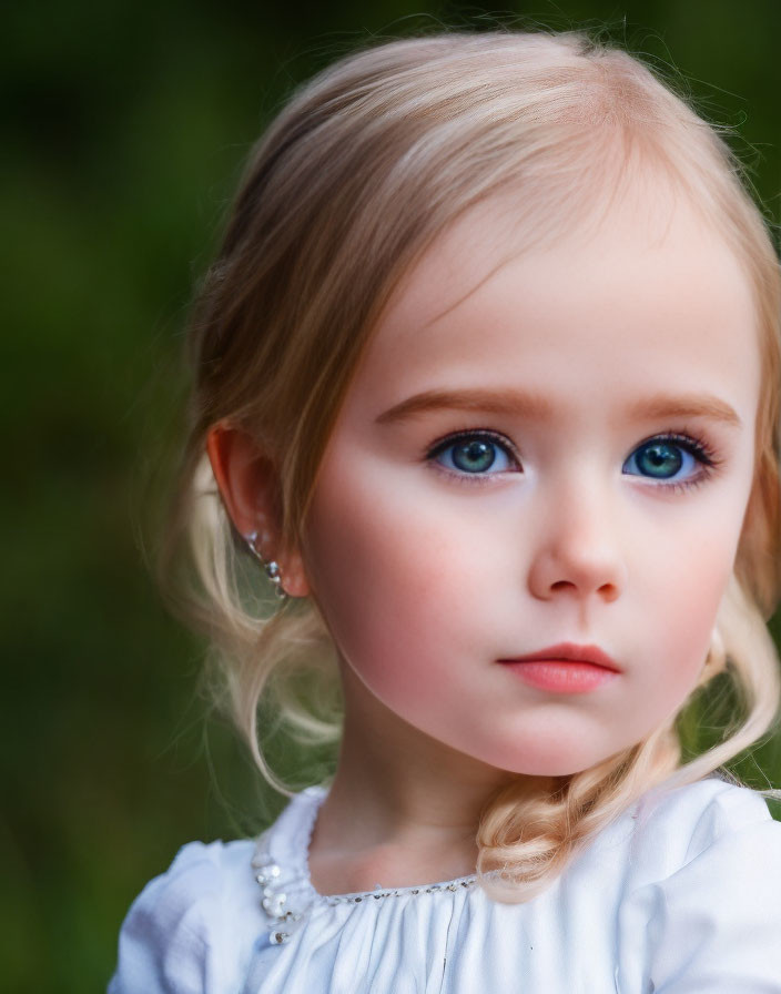 Blonde Girl with Blue Eyes in White Dress and Earrings