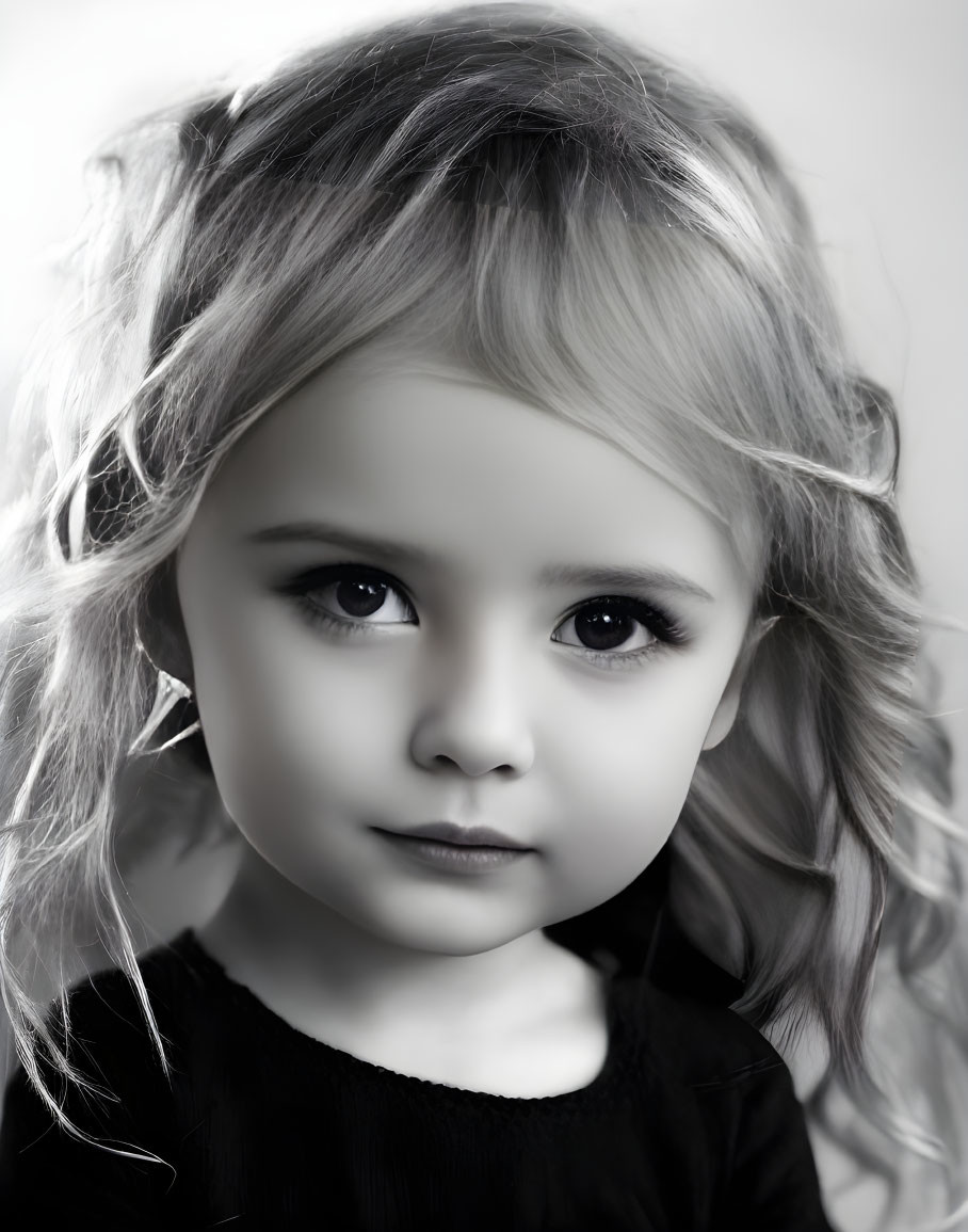 Monochrome portrait of young girl with wavy hair & intense eyes