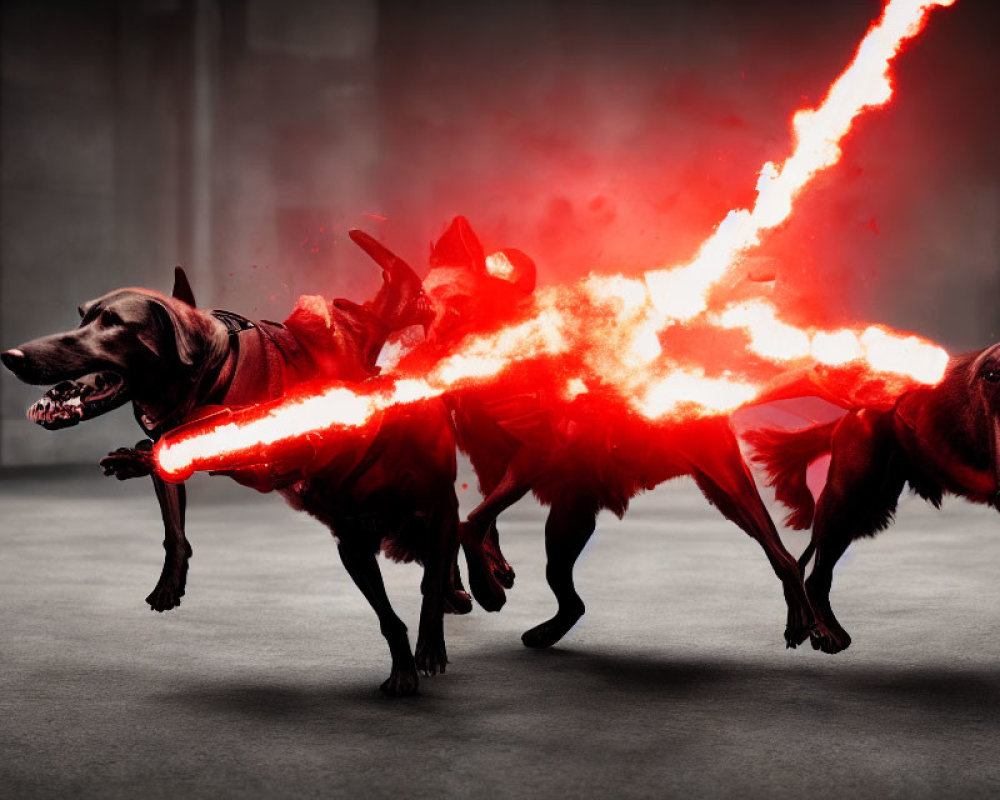 Three dogs with fiery red streaks on collars for a dynamic image