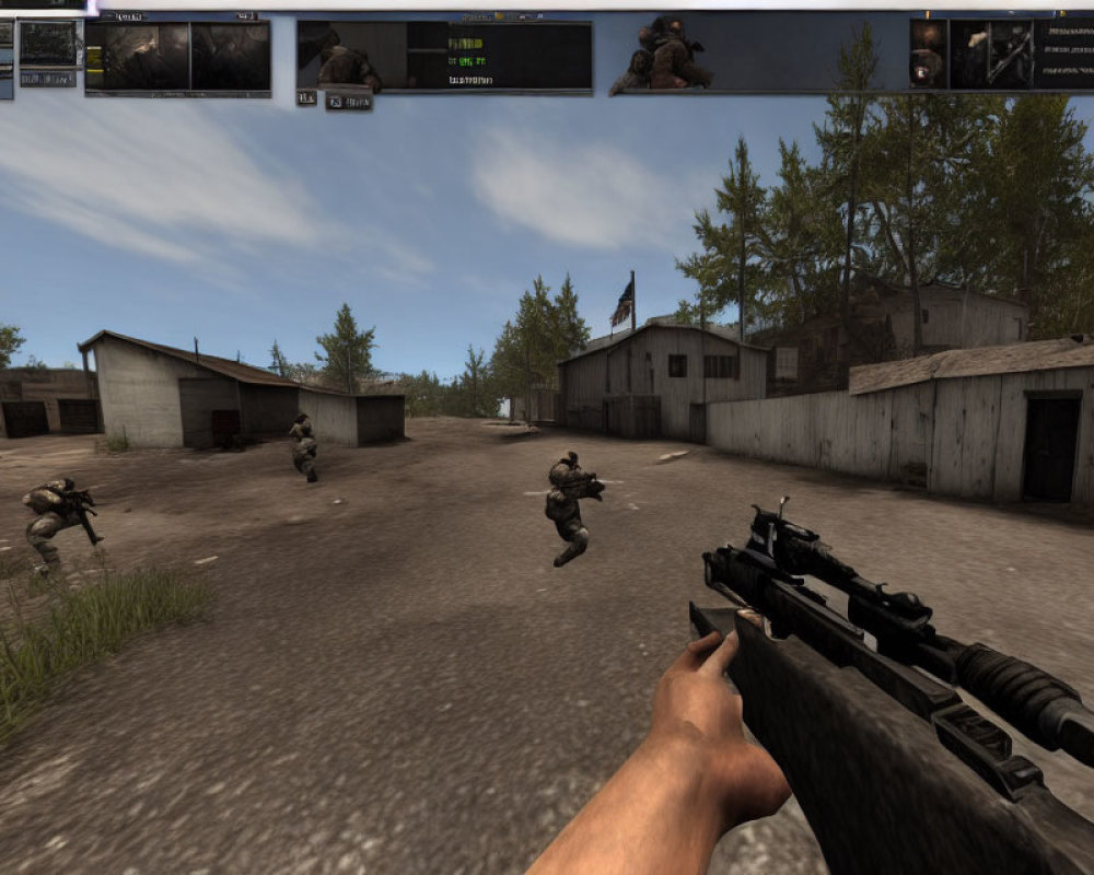 Player with rifle and teammates in rustic virtual compound.