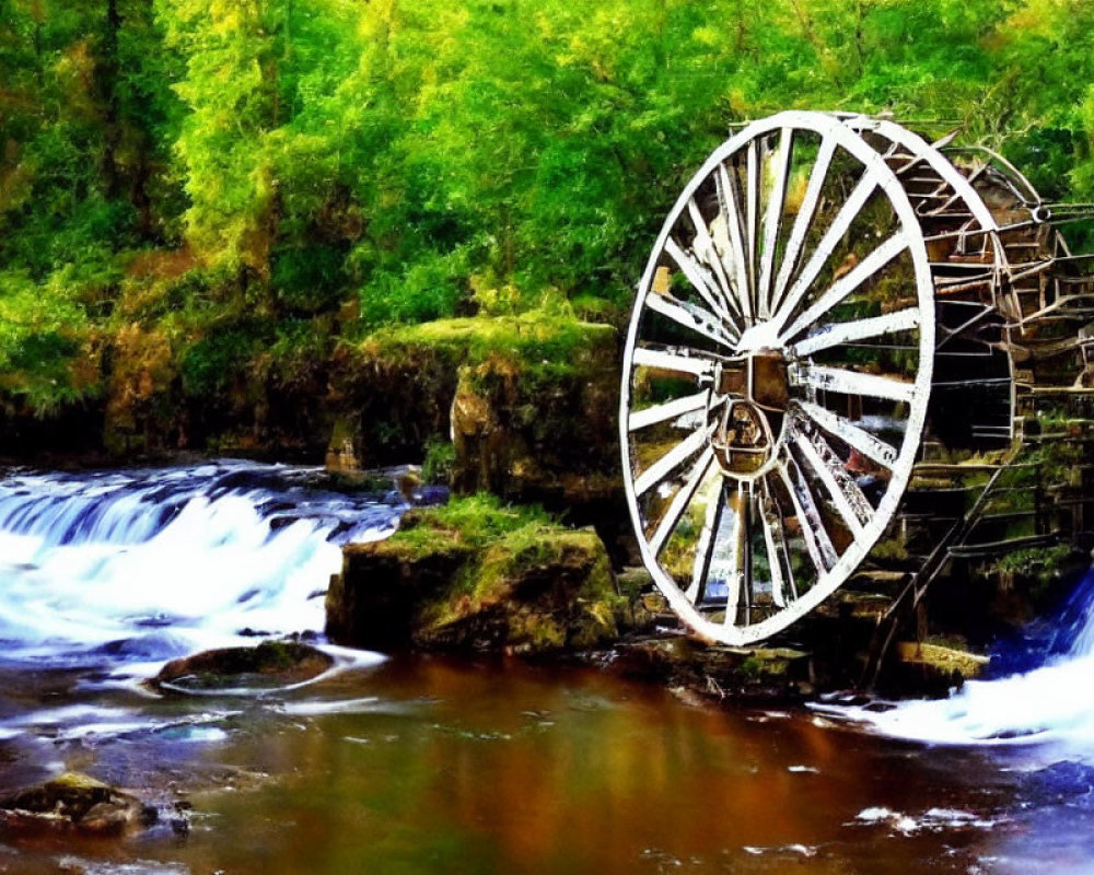 Rustic waterwheel near lush stream in nature setting